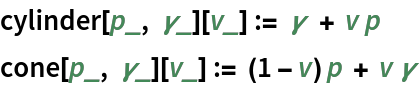 cylinder[p_, \[Gamma]_][v_] := \[Gamma] + v p
cone[p_, \[Gamma]_][v_] := (1 - v) p + v \[Gamma]