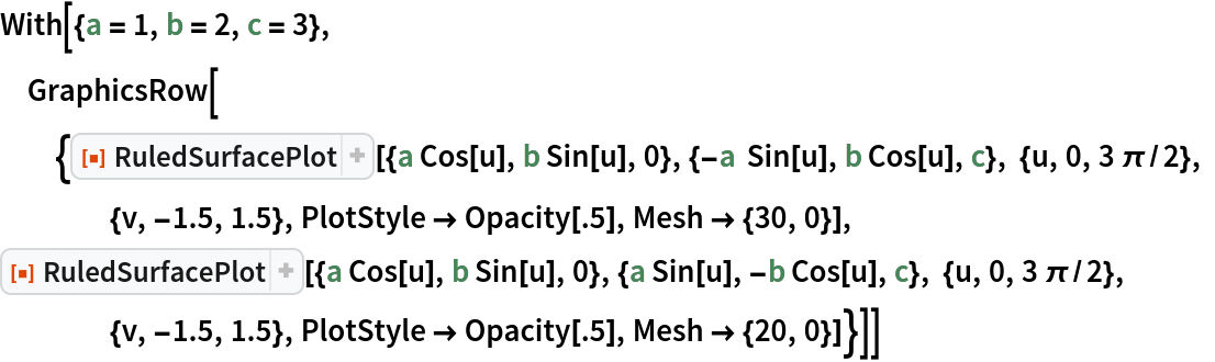 With[{a = 1, b = 2, c = 3},
 GraphicsRow[{ResourceFunction[
    "RuledSurfacePlot"][{a Cos[u], b Sin[u], 0}, {-a  Sin[u], b Cos[u], c}, {u, 0, 3 \[Pi]/2}, {v, -1.5, 1.5}, PlotStyle -> Opacity[.5], Mesh -> {30, 0}],
   ResourceFunction[
    "RuledSurfacePlot"][{a Cos[u], b Sin[u], 0}, {a Sin[u], -b Cos[u],
      c}, {u, 0, 3 \[Pi]/2}, {v, -1.5, 1.5}, PlotStyle -> Opacity[.5],
     Mesh -> {20, 0}]}]]