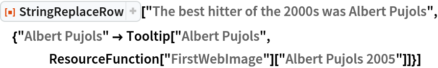 ResourceFunction[
 "StringReplaceRow"]["The best hitter of the 2000s was Albert Pujols", {"Albert Pujols" -> Tooltip["Albert Pujols", ResourceFunction["FirstWebImage"]["Albert Pujols 2005"]]}]