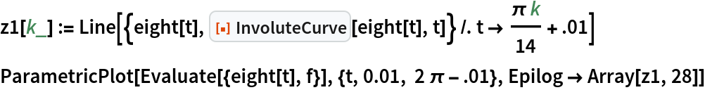 z1[k_] := Line[{eight[t], ResourceFunction["InvoluteCurve"][eight[t], t]} /. t -> (\[Pi] k)/14 + .01]
ParametricPlot[Evaluate[{eight[t], f}], {t, 0.01, 2 \[Pi] - .01}, Epilog -> Array[z1, 28]]