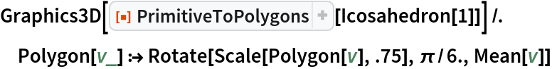 Graphics3D[
  ResourceFunction["PrimitiveToPolygons"][Icosahedron[1]]] /. Polygon[v_] :> Rotate[Scale[Polygon[v], .75], \[Pi]/6., Mean[v]]