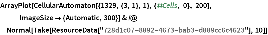 ArrayPlot[CellularAutomaton[{1329, {3, 1}, 1}, {#Cells, 0}, 200], ImageSize -> {Automatic, 300}] & /@ Normal[Take[ResourceData["728d1c07-8892-4673-bab3-d889cc6c4623"], 10]]