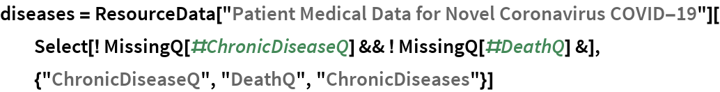 diseases = ResourceData["Patient Medical Data for Novel Coronavirus COVID-19"][
  Select[! MissingQ[#ChronicDiseaseQ] && ! MissingQ[#DeathQ] &], {"ChronicDiseaseQ", "DeathQ", "ChronicDiseases"}]