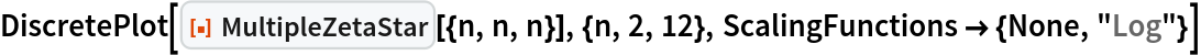 DiscretePlot[
 ResourceFunction["MultipleZetaStar"][{n, n, n}], {n, 2, 12}, ScalingFunctions -> {None, "Log"}]