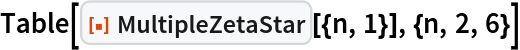 Table[ResourceFunction["MultipleZetaStar"][{n, 1}], {n, 2, 6}]
