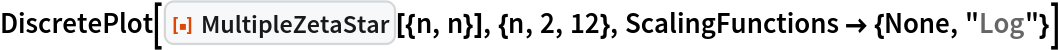 DiscretePlot[ResourceFunction["MultipleZetaStar"][{n, n}], {n, 2, 12},
  ScalingFunctions -> {None, "Log"}]