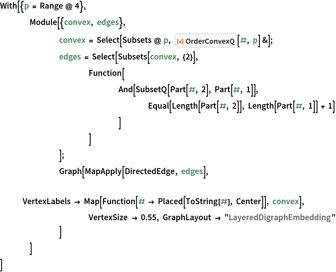 With[{p = Range @ 4},
 	Module[{convex, edges},
  		convex = Select[Subsets @ p, ResourceFunction["OrderConvexQ"][#, p] &];
  		edges = Select[Subsets[convex, {2}],
    			Function[
     				And[SubsetQ[Part[#, 2], Part[#, 1]],
      					Equal[Length[Part[#, 2]], Length[Part[#, 1]] + 1]
      				]
     			]
    		];
  		Graph[MapApply[DirectedEdge, edges],
   			VertexLabels -> Map[Function[# -> Placed[ToString[#], Center]], convex],
   			VertexSize -> 0.55, GraphLayout -> "LayeredDigraphEmbedding"
   		]
  	]
 ]