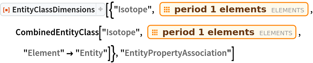 ResourceFunction[
 "EntityClassDimensions"][{"Isotope", EntityClass["Element", "Period1"], CombinedEntityClass["Isotope", EntityClass["Element", "Period1"], "Element" -> "Entity"]}, "EntityPropertyAssociation"]