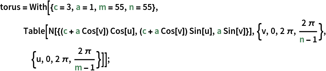 torus = With[{c = 3, a = 1, m = 55, n = 55}, Table[N[{(c + a Cos[v]) Cos[u], (c + a Cos[v]) Sin[u], a Sin[v]}], {v, 0, 2 \[Pi], (2 \[Pi])/(n - 1)}, {u, 0, 2 \[Pi], (2 \[Pi])/(m - 1)}]];