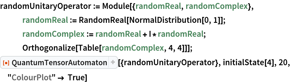 randomUnitaryOperator := Module[{randomReal, randomComplex},
   randomReal := RandomReal[NormalDistribution[0, 1]];
   randomComplex := randomReal + I*randomReal;
   Orthogonalize[Table[randomComplex, 4, 4]]];
ResourceFunction["QuantumTensorAutomaton"][{randomUnitaryOperator}, initialState[4], 20, "ColourPlot" -> True]