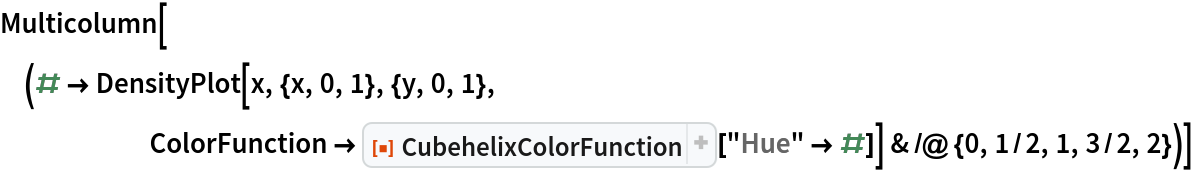 Multicolumn[(# -> DensityPlot[x, {x, 0, 1}, {y, 0, 1}, ColorFunction -> ResourceFunction["CubehelixColorFunction"][
        "Hue" -> #]] & /@ {0, 1/2, 1, 3/2, 2})]
