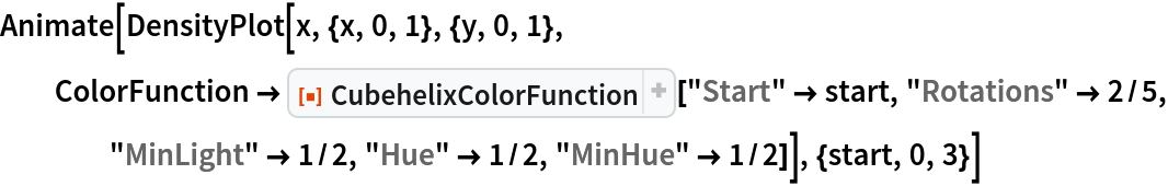 Animate[DensityPlot[x, {x, 0, 1}, {y, 0, 1}, ColorFunction -> ResourceFunction["CubehelixColorFunction"]["Start" -> start, "Rotations" -> 2/5, "MinLight" -> 1/2, "Hue" -> 1/2, "MinHue" -> 1/2]], {start, 0, 3}]