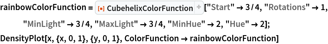 rainbowColorFunction = ResourceFunction["CubehelixColorFunction"]["Start" -> 3/4, "Rotations" -> 1, "MinLight" -> 3/4, "MaxLight" -> 3/4, "MinHue" -> 2, "Hue" -> 2];
DensityPlot[x, {x, 0, 1}, {y, 0, 1}, ColorFunction -> rainbowColorFunction]