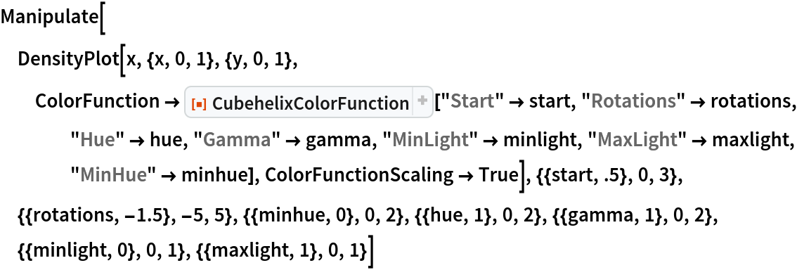 Manipulate[
 DensityPlot[x, {x, 0, 1}, {y, 0, 1}, ColorFunction -> ResourceFunction["CubehelixColorFunction"]["Start" -> start, "Rotations" -> rotations, "Hue" -> hue, "Gamma" -> gamma, "MinLight" -> minlight, "MaxLight" -> maxlight, "MinHue" -> minhue], ColorFunctionScaling -> True], {{start, .5}, 0, 3}, {{rotations, -1.5}, -5, 5}, {{minhue, 0}, 0, 2}, {{hue, 1}, 0, 2}, {{gamma, 1}, 0, 2}, {{minlight, 0}, 0, 1}, {{maxlight, 1}, 0,
   1}]