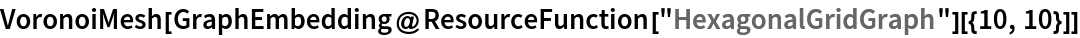 VoronoiMesh[
 GraphEmbedding@ResourceFunction["HexagonalGridGraph"][{10, 10}]]