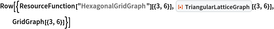Row[{ResourceFunction["HexagonalGridGraph"][{3, 6}], ResourceFunction["TriangularLatticeGraph"][{3, 6}], GridGraph[{3, 6}]}]