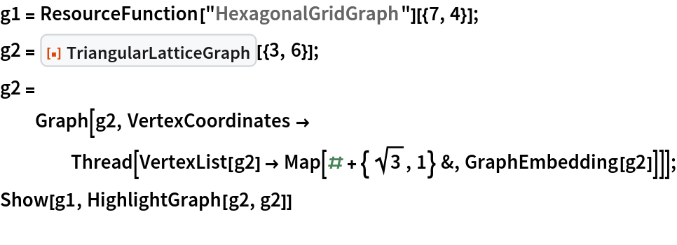 g1 = ResourceFunction["HexagonalGridGraph"][{7, 4}];
g2 = ResourceFunction["TriangularLatticeGraph"][{3, 6}];
g2 = Graph[g2, VertexCoordinates -> Thread[VertexList[g2] -> Map[# + {Sqrt[3], 1} &, GraphEmbedding[g2]]]];
Show[g1, HighlightGraph[g2, g2]]
