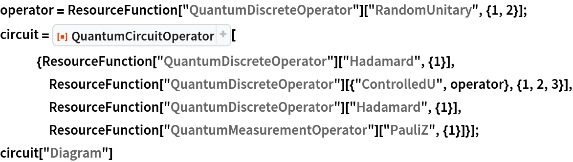 operator = ResourceFunction["QuantumDiscreteOperator"]["RandomUnitary", {1, 2}];
circuit = ResourceFunction[
   "QuantumCircuitOperator"][{ResourceFunction[
      "QuantumDiscreteOperator"]["Hadamard", {1}], ResourceFunction["QuantumDiscreteOperator"][{"ControlledU", operator}, {1, 2, 3}], ResourceFunction["QuantumDiscreteOperator"]["Hadamard", {1}], ResourceFunction["QuantumMeasurementOperator"]["PauliZ", {1}]}];
circuit["Diagram"]