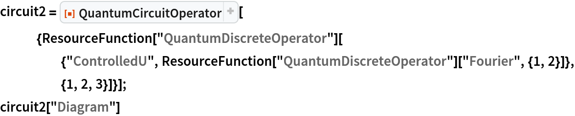 circuit2 = ResourceFunction[
   "QuantumCircuitOperator"][{ResourceFunction[
      "QuantumDiscreteOperator"][{"ControlledU", ResourceFunction["QuantumDiscreteOperator"][
       "Fourier", {1, 2}]}, {1, 2, 3}]}];
circuit2["Diagram"]