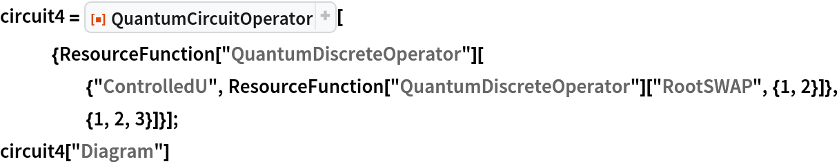 circuit4 = ResourceFunction[
   "QuantumCircuitOperator"][{ResourceFunction[
      "QuantumDiscreteOperator"][{"ControlledU", ResourceFunction["QuantumDiscreteOperator"][
       "RootSWAP", {1, 2}]}, {1, 2, 3}]}];
circuit4["Diagram"]