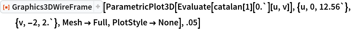 ResourceFunction["Graphics3DWireFrame"][
 ParametricPlot3D[
  Evaluate[catalan[1][0.`][u, v]], {u, 0, 12.56`}, {v, -2, 2.`}, Mesh -> Full, PlotStyle -> None], .05]