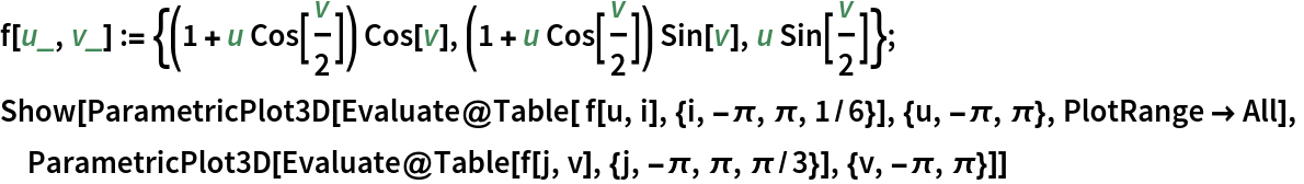 f[u_, v_] := {(1 + u Cos[v/2]) Cos[v], (1 + u Cos[v/2]) Sin[v], u Sin[v/2]}; Show[
 ParametricPlot3D[
  Evaluate@Table[ f[u, i], {i, -\[Pi], \[Pi], 1/6}], {u, -\[Pi], \[Pi]}, PlotRange -> All],
 ParametricPlot3D[
  Evaluate@Table[
    f[j, v], {j, -\[Pi], \[Pi], \[Pi]/3}], {v, -\[Pi], \[Pi]}]]