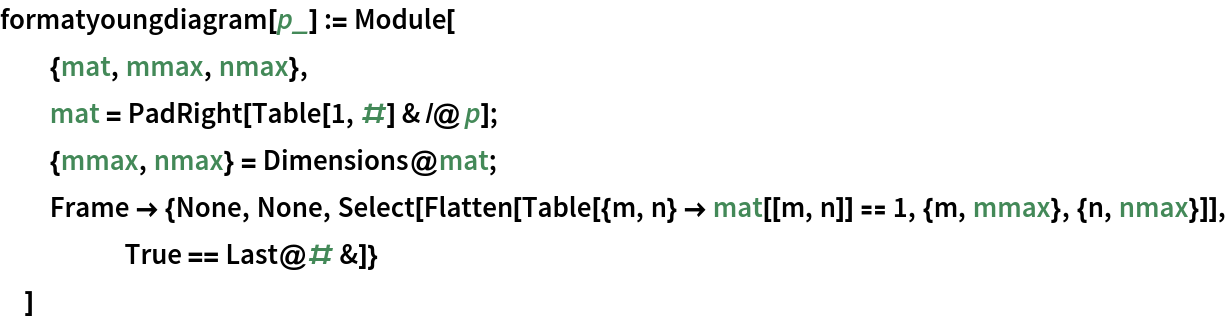 formatyoungdiagram[p_] := Module[
  {mat, mmax, nmax},
  mat = PadRight[Table[1, #] & /@ p];
  {mmax, nmax} = Dimensions@mat;
  Frame -> {None, None, Select[Flatten[
      Table[{m, n} -> mat[[m, n]] == 1, {m, mmax}, {n, nmax}]], True == Last@# &]}
  ]