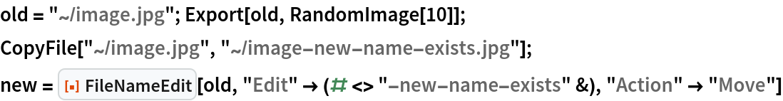 old = "~/image.jpg"; Export[old, RandomImage[10]];
CopyFile["~/image.jpg", "~/image-new-name-exists.jpg"];
new = ResourceFunction["FileNameEdit"][old, "Edit" -> (# <> "-new-name-exists" &), "Action" -> "Move"]
