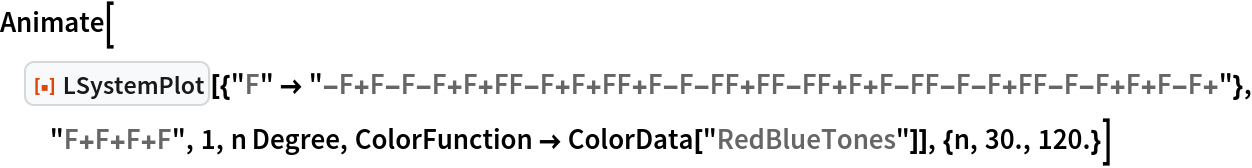 Animate[ResourceFunction[
  "LSystemPlot"][{"F" -> "-F+F-F-F+F+FF-F+F+FF+F-F-FF+FF-FF+F+F-FF-F-F+FF-F-F+F+F-F+"}, "F+F+F+F", 1, n Degree, ColorFunction -> ColorData["RedBlueTones"]], {n, 30., 120.}]