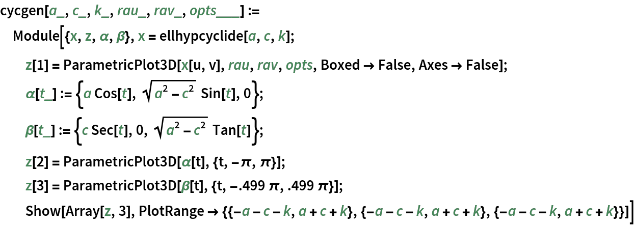 cycgen[a_, c_, k_, rau_, rav_, opts___] :=
 Module[{x, z, \[Alpha], \[Beta]}, x = ellhypcyclide[a, c, k]; z[1] = ParametricPlot3D[x[u, v], rau, rav, opts, Boxed -> False, Axes -> False]; \[Alpha][t_] := {a Cos[t], Sqrt[a^2 - c^2] Sin[t],
     0}; \[Beta][t_] := {c Sec[t], 0, Sqrt[a^2 - c^2] Tan[t]}; z[2] = ParametricPlot3D[\[Alpha][t], {t, -\[Pi], \[Pi]}]; z[3] = ParametricPlot3D[\[Beta][t], {t, -.499 \[Pi], .499 \[Pi]}]; Show[Array[z, 3], PlotRange -> {{-a - c - k, a + c + k}, {-a - c - k, a + c + k}, {-a - c - k, a + c + k}}]]
