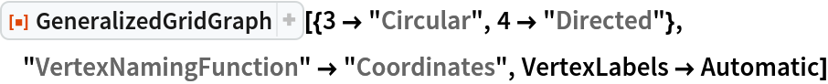 ResourceFunction[
 "GeneralizedGridGraph"][{3 -> "Circular", 4 -> "Directed"}, "VertexNamingFunction" -> "Coordinates", VertexLabels -> Automatic]