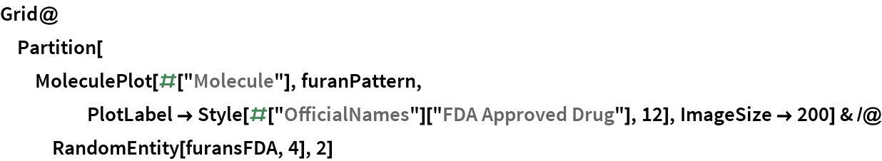 Grid@Partition[
  MoleculePlot[#["Molecule"], furanPattern, PlotLabel -> Style[#["OfficialNames"]["FDA Approved Drug"], 12], ImageSize -> 200] & /@ RandomEntity[furansFDA, 4], 2]