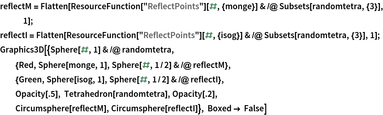 reflectM = Flatten[ResourceFunction["ReflectPoints"][#, {monge}] & /@ Subsets[randomtetra, {3}], 1];
reflectI = Flatten[ResourceFunction["ReflectPoints"][#, {isog}] & /@ Subsets[randomtetra, {3}], 1];
Graphics3D[{Sphere[#, 1] & /@ randomtetra,
  {Red, Sphere[monge, 1], Sphere[#, 1/2] & /@ reflectM}, {Green, Sphere[isog, 1], Sphere[#, 1/2] & /@ reflectI},
  Opacity[.5], Tetrahedron[randomtetra], Opacity[.2],
  Circumsphere[reflectM], Circumsphere[reflectI]}, Boxed -> False]