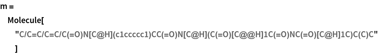 m = Molecule[
  "C/C=C/C=C/C(=O)N[C@H](c1ccccc1)CC(=O)N[C@H](C(=O)[C@@H]1C(=O)NC(=O)[C@H]1C)C(C)C"]