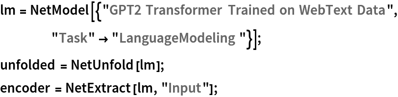 lm = NetModel[{"GPT2 Transformer Trained on WebText Data", "Task" -> "LanguageModeling"}];
unfolded = NetUnfold[lm];
encoder = NetExtract[lm, "Input"];