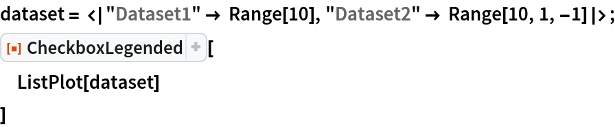 dataset = <|"Dataset1" -> Range[10], "Dataset2" -> Range[10, 1, -1]|>;
ResourceFunction["CheckboxLegended"][
 ListPlot[dataset]
 ]