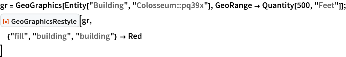 gr = GeoGraphics[Entity["Building", "Colosseum::pq39x"], GeoRange -> Quantity[500, "Feet"]];
ResourceFunction["GeoGraphicsRestyle"][gr,
 {"fill", "building", "building"} -> Red
 ]