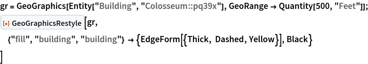 gr = GeoGraphics[Entity["Building", "Colosseum::pq39x"], GeoRange -> Quantity[500, "Feet"]];
ResourceFunction["GeoGraphicsRestyle"][gr,
 {"fill", "building", "building"} -> {EdgeForm[{Thick, Dashed, Yellow}],
    Black}
 ]