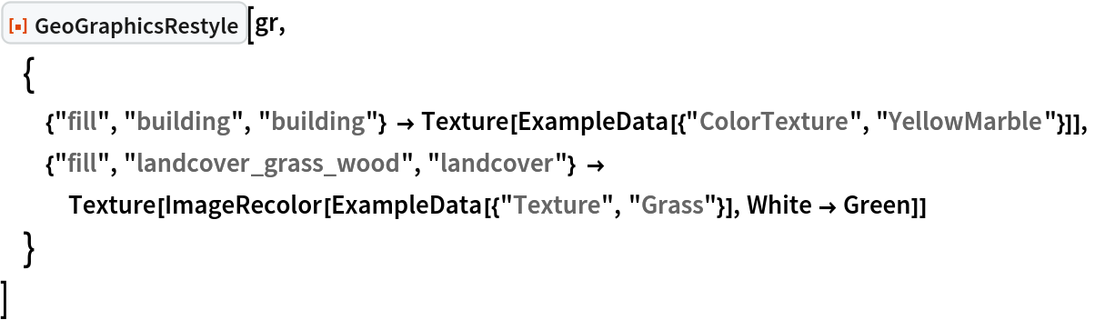 ResourceFunction["GeoGraphicsRestyle"][gr,
 {
  {"fill", "building", "building"} -> Texture[ExampleData[{"ColorTexture", "YellowMarble"}]],
  {"fill", "landcover_grass_wood", "landcover"} -> Texture[ImageRecolor[ExampleData[{"Texture", "Grass"}], White -> Green]]
  }
 ]