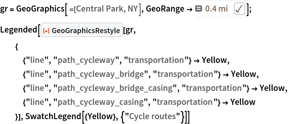 gr = GeoGraphics[=[Central Park, NY], GeoRange -> Quantity[0.4, "Miles"]];
Legended[ResourceFunction["GeoGraphicsRestyle"][gr,
  {
   {"line", "path_cycleway", "transportation"} -> Yellow,
   {"line", "path_cycleway_bridge", "transportation"} -> Yellow, {"line", "path_cycleway_bridge_casing", "transportation"} -> Yellow, {"line", "path_cycleway_casing", "transportation"} -> Yellow
   }], SwatchLegend[{Yellow}, {"Cycle routes"}]]