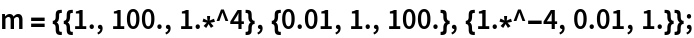 m = {{1., 100., 1.*^4}, {0.01, 1., 100.}, {1.*^-4, 0.01, 1.}};