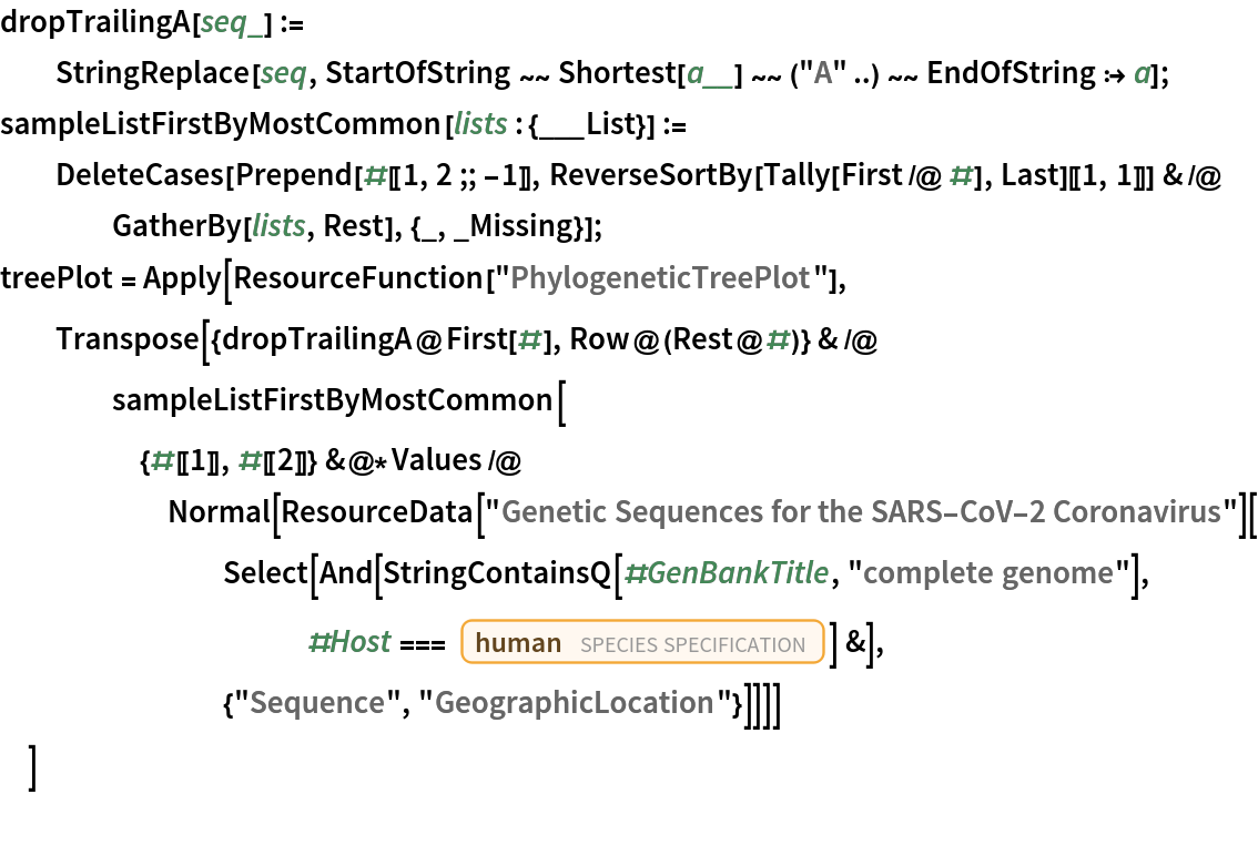 dropTrailingA[seq_] := StringReplace[seq, StartOfString ~~ Shortest[a__] ~~ ("A" ..) ~~ EndOfString :> a];
sampleListFirstByMostCommon[lists : {___List}] := DeleteCases[
   Prepend[#[[1, 2 ;; -1]], ReverseSortBy[Tally[First /@ #], Last][[1, 1]]] & /@ GatherBy[lists, Rest], {_, _Missing}];
treePlot = Apply[ResourceFunction["PhylogeneticTreePlot"], Transpose[{dropTrailingA@First[#], Row@(Rest@#)} & /@ sampleListFirstByMostCommon[{#[[1]], #[[2]]} &@*Values /@ Normal[ResourceData[
         "Genetic Sequences for the SARS-CoV-2 Coronavirus"][
        Select[And[
           StringContainsQ[#GenBankTitle, "complete genome"], #Host ===
             Entity["Species", "Species:HomoSapiens"]] &], {"Sequence",
          "GeographicLocation"}]]]]
  ]
