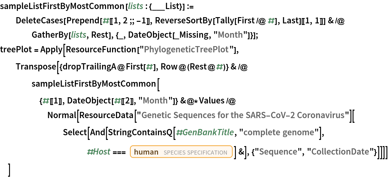 sampleListFirstByMostCommon[lists : {___List}] := DeleteCases[
   Prepend[#[[1, 2 ;; -1]], ReverseSortBy[Tally[First /@ #], Last][[1, 1]]] & /@ GatherBy[lists, Rest], {_, DateObject[_Missing, "Month"]}];
treePlot = Apply[ResourceFunction["PhylogeneticTreePlot"], Transpose[{dropTrailingA@First[#], Row@(Rest@#)} & /@ sampleListFirstByMostCommon[{#[[1]], DateObject[#[[2]], "Month"]} &@*Values /@ Normal[ResourceData[
         "Genetic Sequences for the SARS-CoV-2 Coronavirus"][
        Select[And[
           StringContainsQ[#GenBankTitle, "complete genome"], #Host ===
             Entity["Species", "Species:HomoSapiens"]] &], {"Sequence",
          "CollectionDate"}]]]]
  ]