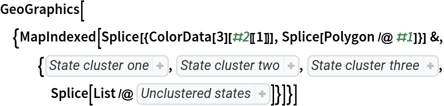 GeoGraphics[{MapIndexed[
   Splice[{ColorData[3][#2[[1]]], Splice[Polygon /@ #1]}] &, {{
Entity["AdministrativeDivision", {"Arizona", "UnitedStates"}], 
Entity["AdministrativeDivision", {"Arkansas", "UnitedStates"}], 
Entity["AdministrativeDivision", {"Connecticut", "UnitedStates"}], 
Entity["AdministrativeDivision", {"Florida", "UnitedStates"}], 
Entity["AdministrativeDivision", {"Indiana", "UnitedStates"}], 
Entity["AdministrativeDivision", {"Kentucky", "UnitedStates"}], 
Entity["AdministrativeDivision", {"Maryland", "UnitedStates"}], 
Entity["AdministrativeDivision", {"Massachusetts", "UnitedStates"}], 
Entity["AdministrativeDivision", {"Missouri", "UnitedStates"}], 
Entity["AdministrativeDivision", {"Nevada", "UnitedStates"}], 
Entity["AdministrativeDivision", {"NewMexico", "UnitedStates"}], 
Entity["AdministrativeDivision", {"Pennsylvania", "UnitedStates"}], 
Entity["AdministrativeDivision", {"RhodeIsland", "UnitedStates"}], 
Entity["AdministrativeDivision", {"SouthCarolina", "UnitedStates"}], 
Entity["AdministrativeDivision", {"Tennessee", "UnitedStates"}], 
Entity["AdministrativeDivision", {"Texas", "UnitedStates"}], 
Entity["AdministrativeDivision", {"Virginia", "UnitedStates"}], 
Entity["AdministrativeDivision", {"WestVirginia", "UnitedStates"}], 
Entity["AdministrativeDivision", {"Vermont", "UnitedStates"}], 
Entity["AdministrativeDivision", {"Wyoming", "UnitedStates"}]}, {
Entity["AdministrativeDivision", {"Alabama", "UnitedStates"}], 
Entity["AdministrativeDivision", {"California", "UnitedStates"}], 
Entity["AdministrativeDivision", {"Colorado", "UnitedStates"}], 
Entity["AdministrativeDivision", {"Delaware", "UnitedStates"}], 
Entity["AdministrativeDivision", {"DistrictOfColumbia", "UnitedStates"}], 
Entity["AdministrativeDivision", {"Georgia", "UnitedStates"}], 
Entity["AdministrativeDivision", {"Idaho", "UnitedStates"}], 
Entity["AdministrativeDivision", {"Iowa", "UnitedStates"}], 
Entity["AdministrativeDivision", {"Kansas", "UnitedStates"}], 
Entity["AdministrativeDivision", {"Louisiana", "UnitedStates"}], 
Entity["AdministrativeDivision", {"Maine", "UnitedStates"}], 
Entity["AdministrativeDivision", {"Michigan", "UnitedStates"}], 
Entity["AdministrativeDivision", {"Minnesota", "UnitedStates"}], 
Entity["AdministrativeDivision", {"Mississippi", "UnitedStates"}], 
Entity["AdministrativeDivision", {"Montana", "UnitedStates"}], 
Entity["AdministrativeDivision", {"Nebraska", "UnitedStates"}], 
Entity["AdministrativeDivision", {"NewHampshire", "UnitedStates"}], 
Entity["AdministrativeDivision", {"NewJersey", "UnitedStates"}], 
Entity["AdministrativeDivision", {"NewYork", "UnitedStates"}], 
Entity["AdministrativeDivision", {"NorthCarolina", "UnitedStates"}], 
Entity["AdministrativeDivision", {"NorthDakota", "UnitedStates"}], 
Entity["AdministrativeDivision", {"Oklahoma", "UnitedStates"}], 
Entity["AdministrativeDivision", {"Oregon", "UnitedStates"}], 
Entity["AdministrativeDivision", {"SouthDakota", "UnitedStates"}], 
Entity["AdministrativeDivision", {"Utah", "UnitedStates"}], 
Entity["AdministrativeDivision", {"Washington", "UnitedStates"}], 
Entity["AdministrativeDivision", {"Wisconsin", "UnitedStates"}]}, {
Entity["AdministrativeDivision", {"Illinois", "UnitedStates"}], 
Entity["AdministrativeDivision", {"Ohio", "UnitedStates"}]}, Splice[List /@ {}]}]}]