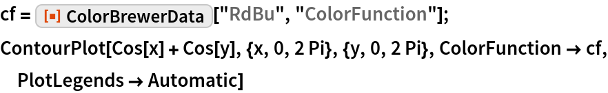 cf = ResourceFunction["ColorBrewerData"]["RdBu", "ColorFunction"];
ContourPlot[Cos[x] + Cos[y], {x, 0, 2 Pi}, {y, 0, 2 Pi}, ColorFunction -> cf, PlotLegends -> Automatic]