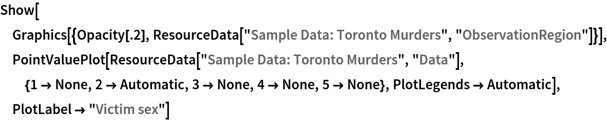 Show[Graphics[{Opacity[.2], ResourceData[\!\(\*
TagBox["\"\<Sample Data: Toronto Murders\>\"",
#& ,
BoxID -> "ResourceTag-Sample Data: Toronto Murders-Input",
AutoDelete->True]\), "ObservationRegion"]}], PointValuePlot[ResourceData[\!\(\*
TagBox["\"\<Sample Data: Toronto Murders\>\"",
#& ,
BoxID -> "ResourceTag-Sample Data: Toronto Murders-Input",
AutoDelete->True]\), "Data"], {1 -> None, 2 -> Automatic, 3 -> None, 4 -> None, 5 -> None}, PlotLegends -> Automatic], PlotLabel -> "Victim sex"]