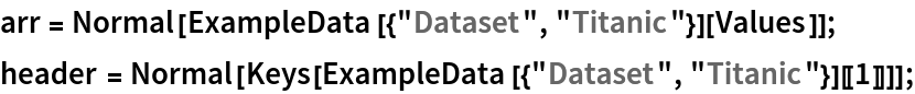 arr = Normal[ExampleData[{"Dataset", "Titanic"}][Values]];
header = Normal[Keys[ExampleData[{"Dataset", "Titanic"}][[1]]]];