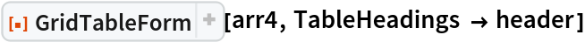 ResourceFunction[
 "GridTableForm", ResourceSystemBase -> "https://www.wolframcloud.com/obj/resourcesystem/api/1.0"][arr4, TableHeadings -> header]