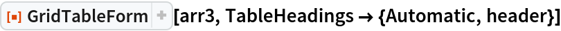 ResourceFunction["GridTableForm"][arr3, TableHeadings -> {Automatic, header}]