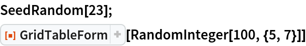 SeedRandom[23];
ResourceFunction["GridTableForm"][RandomInteger[100, {5, 7}]]